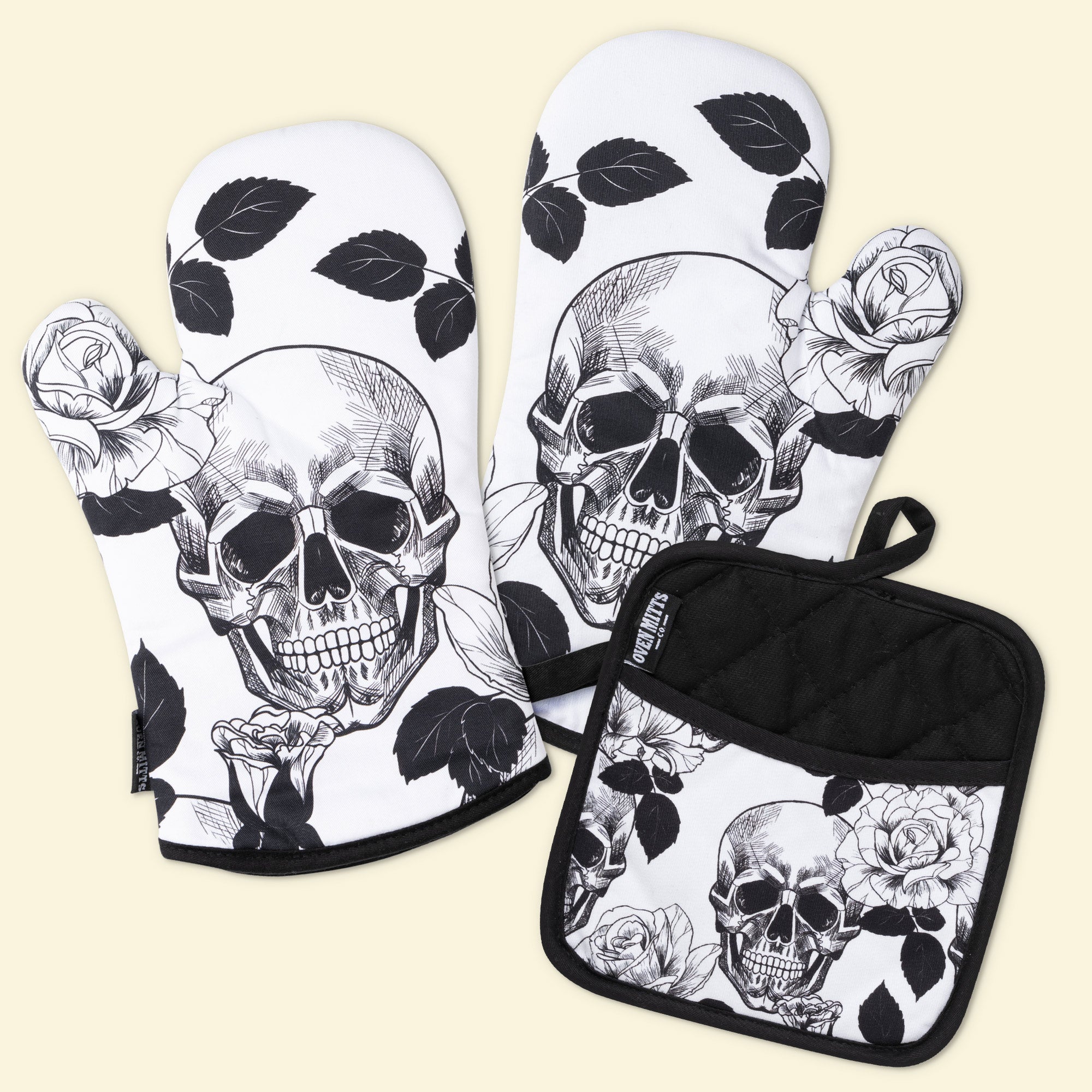 Vintage Flower Skull Oven Mitts And Potholder Set