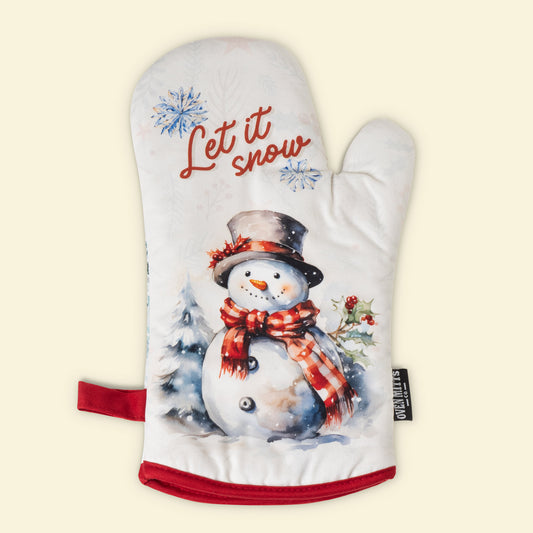 Let It Snow Christmas Snowman and red truck oven mitt glove