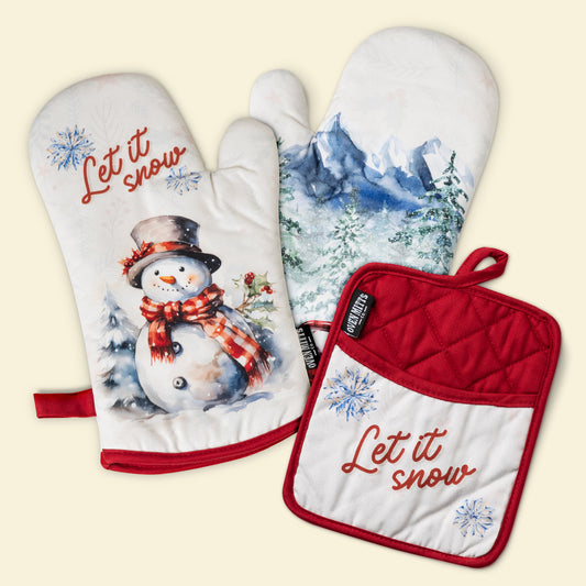 Let It Snow Christmas Snowman and red truck Oven Mitts And Potholder Set