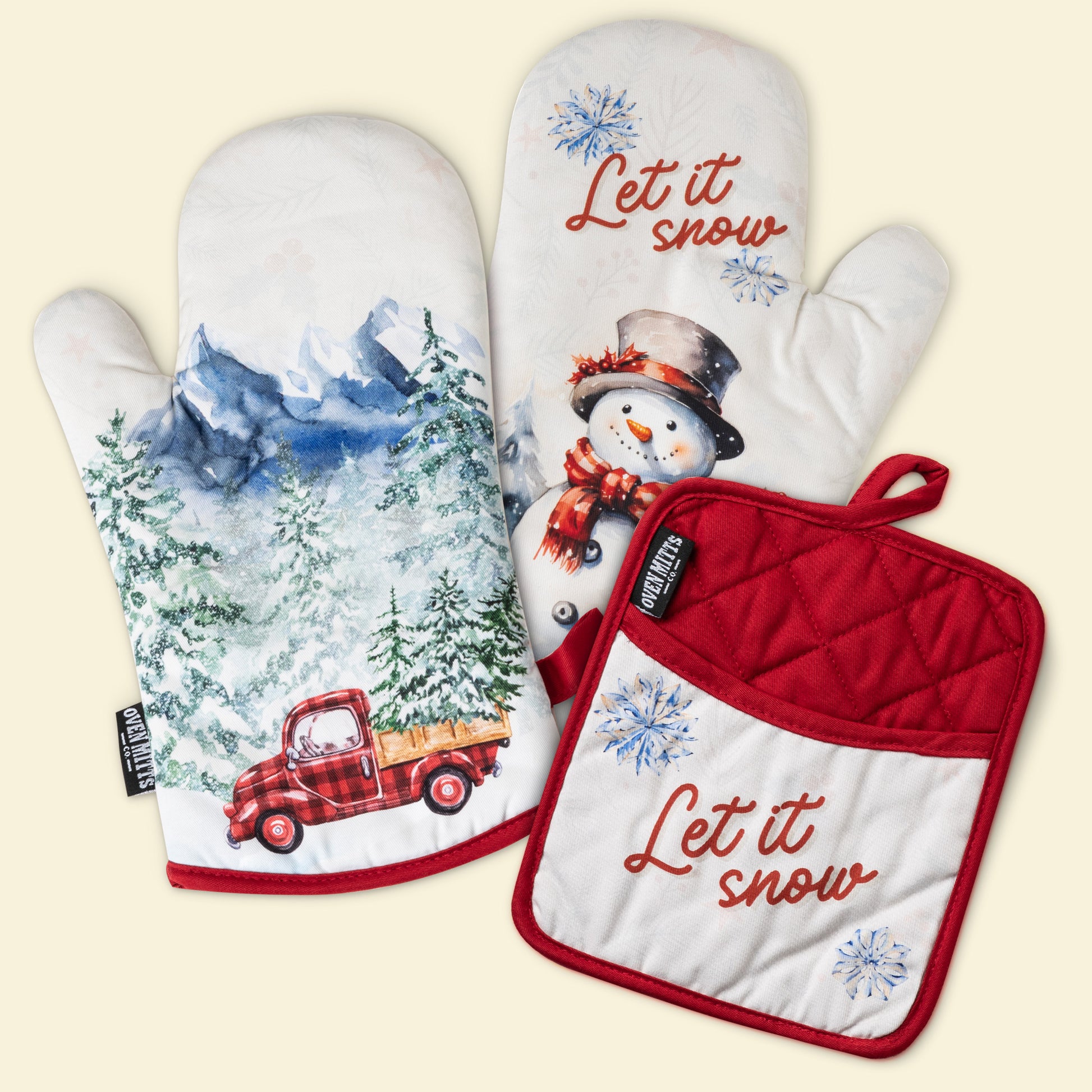 Let It Snow Christmas Snowman and red truck Oven Mitts And Potholder Set