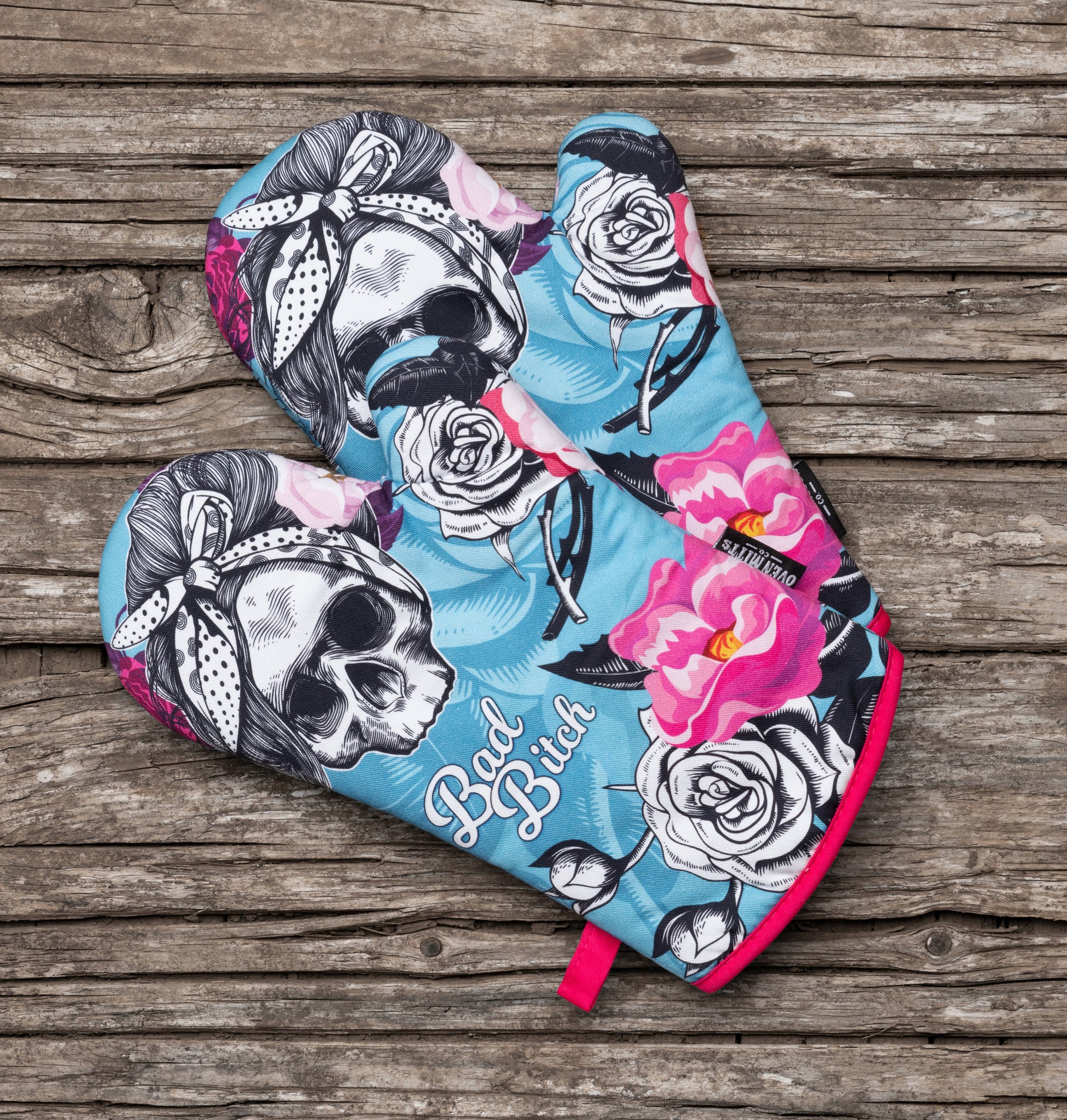 Bad Bitch Flower Skull Oven Mitts And Potholder Set, glove cool, funny gift